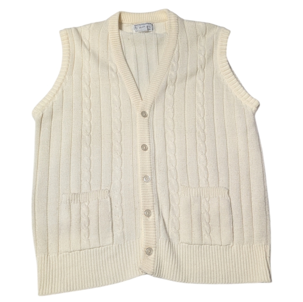 Mens Vintage Cardigan Sweater Vest Grandpa Mr Rogers Cosby Preppy Cream Cable XL